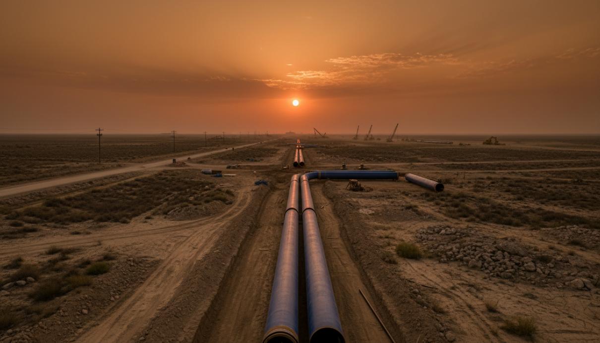 WhiteWater и партнеры построят газопроводы из Пермского бассейна на 47 млрд куб. м Новый магистральный газопровод в полупустынном ландшафте Пермского бассейна в Западном Техасе на закате.