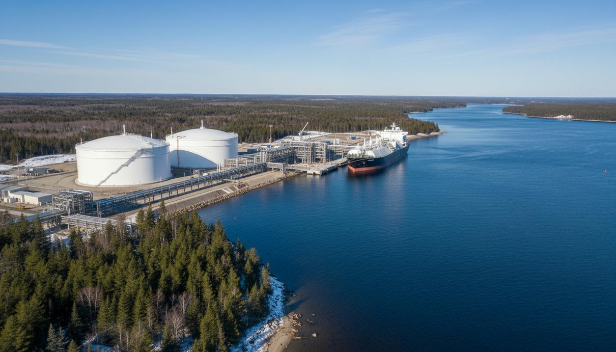 Крупные резервуары для хранения сжиженного природного газа и портовые сооружения на берегу реки Святого Лаврентия в Канаде.