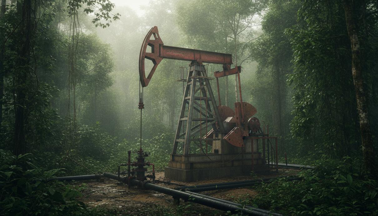 Нефтяная качалка на месторождении в тропическом лесу бассейна Путумайо в Колумбии.