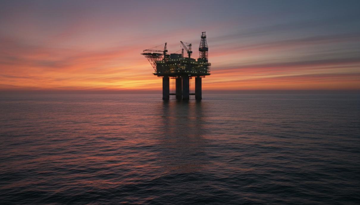 Aker BP и Equinor запустили новые газовые проекты в Норвегии Газовая платформа Troll A в Норвежском море на фоне заката. Промышленный морской пейзаж, вид с воды.