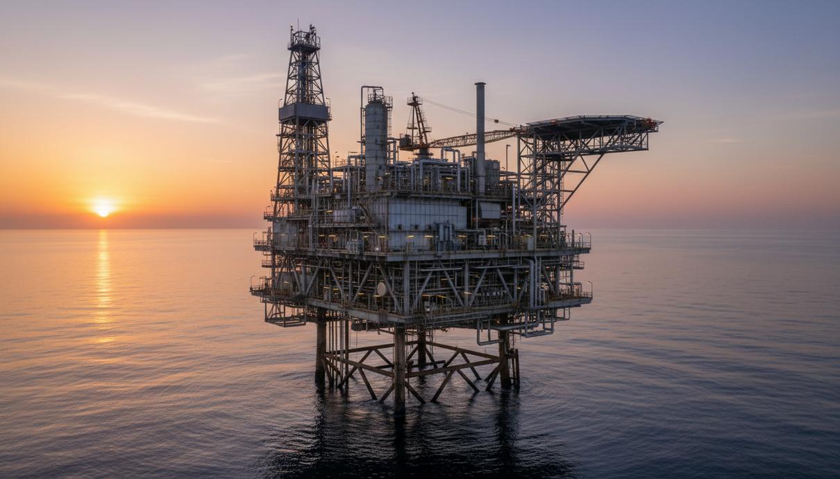 Морская платформа для добычи природного газа в Северном море на рассвете, вид на промышленные сооружения и океан.
