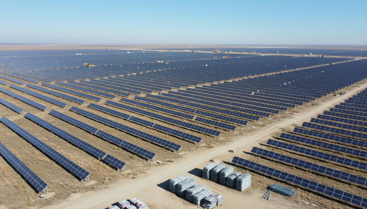 Rezolv Energy построит в Румынии крупнейшую в ЕС солнечную электростанцию Огромная солнечная электростанция с рядами фотоэлектрических панелей, уходящими за горизонт, в сельской местности Румынии.