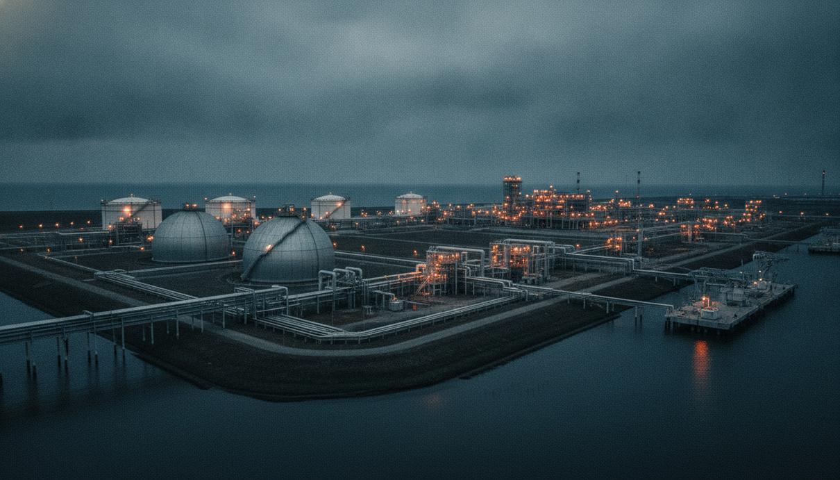 Хранилища газа в ЕС заполнены на 61% из-за конфликта на Ближнем Востоке Промышленный пейзаж с терминалом СПГ и сферическими резервуарами для хранения газа на фоне вечернего неба.