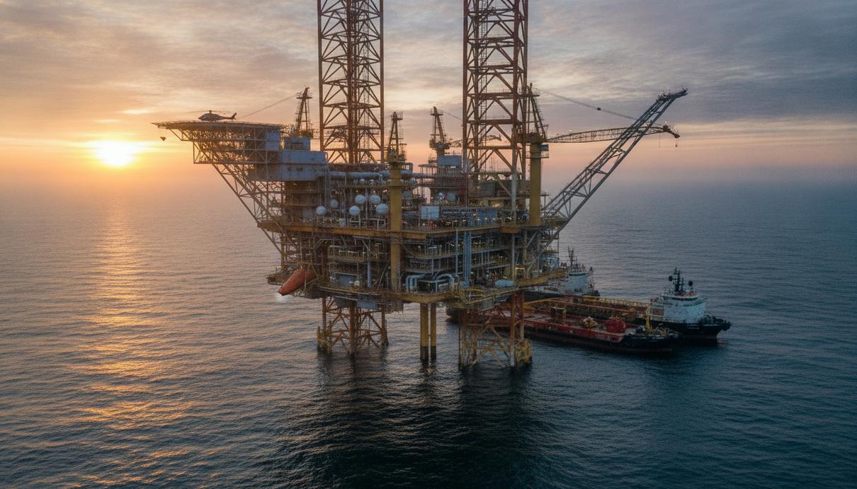 Морская нефтедобывающая платформа месторождения Johan Sverdrup в Северном море на рассвете.