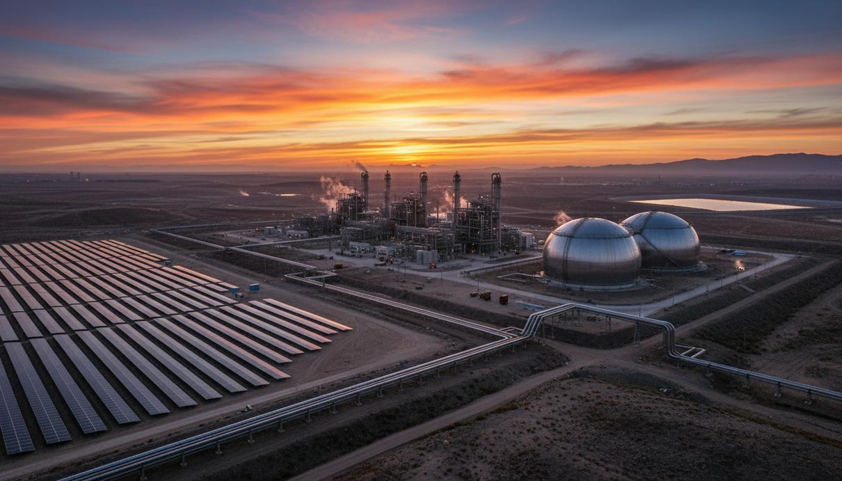 Китай представил план развития нефтегазовой отрасли до 2030 года Новый газоперерабатывающий завод в Китае, резервуары для хранения СПГ, трубопроводы и солнечные панели на закате.