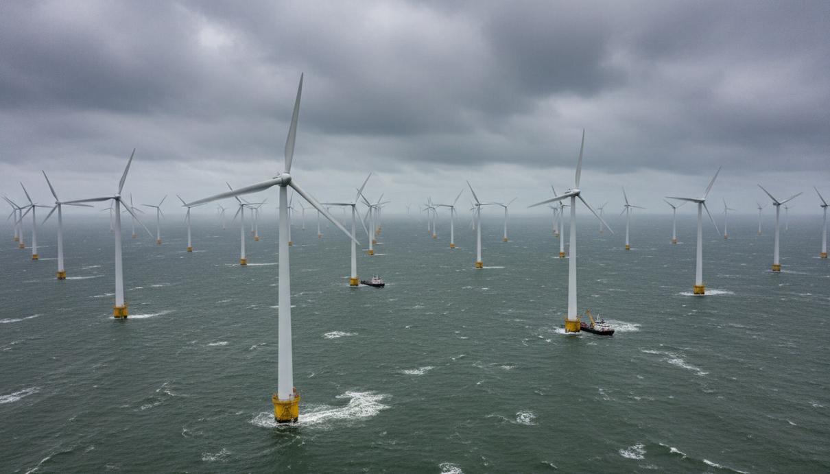 EnBW запустила в Северном море крупнейшую в Германии ВЭС на 960 МВт Морская ветроэлектростанция He Dreiht в Северном море. Десятки ветряных турбин в открытом море, вид с воздуха.
