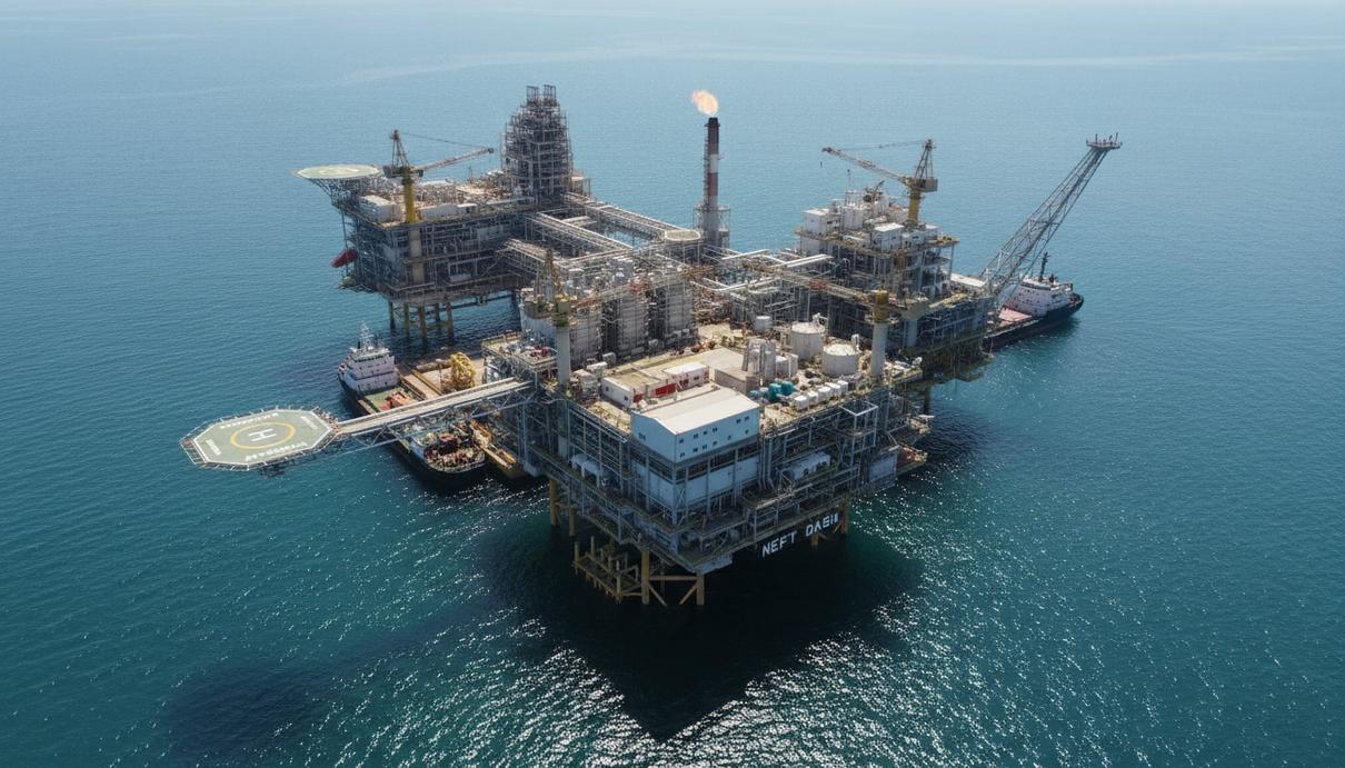 TotalEnergies, SOCAR и XRG одобрили полную разработку месторождения Абшерон Современная морская газодобывающая платформа в Каспийском море, вид сверху. Видны трубы, палубы и технологическое оборудование.