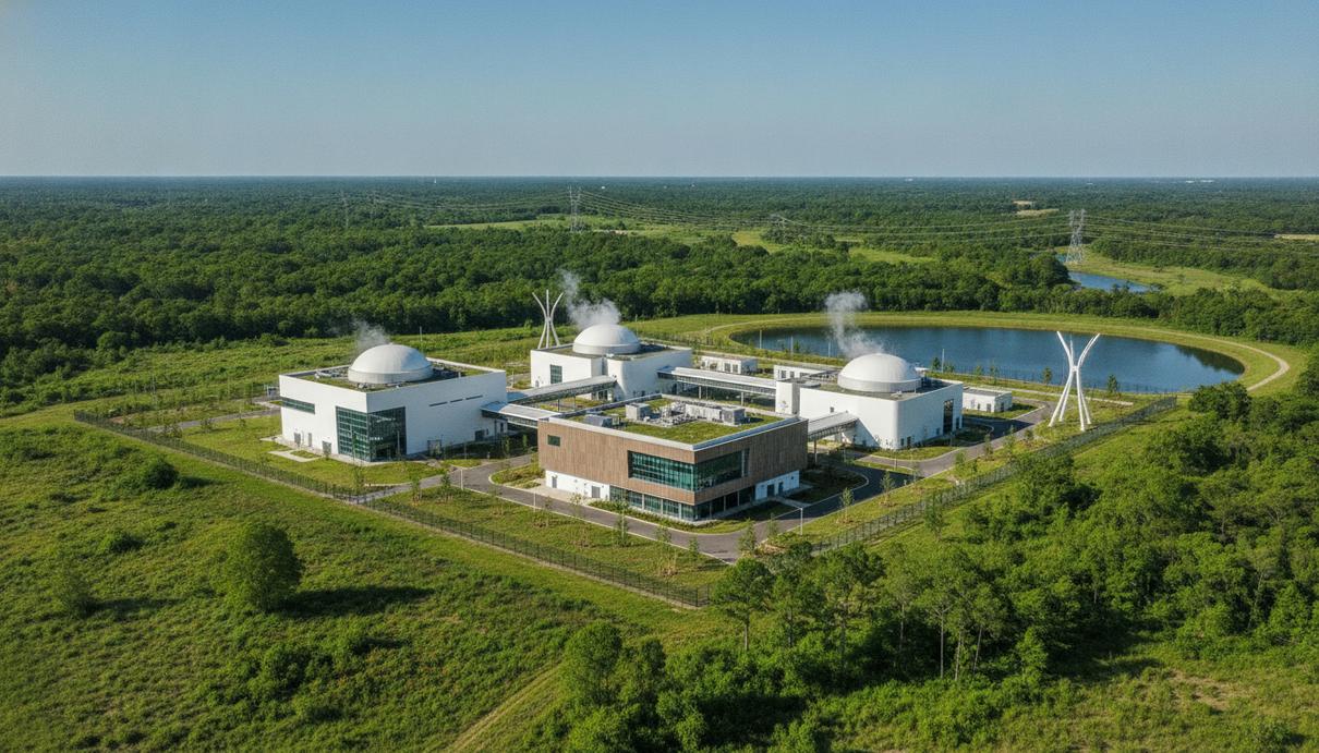 ONE Nuclear готовит к лицензированию проект АЭС с ММР в Луизиане Кампус атомной электростанции с малыми модульными реакторами в Луизиане на фоне зелёного пейзажа.