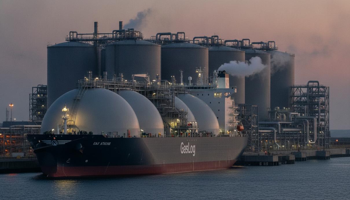 Танкер-газовоз для перевозки СПГ у причала современного терминала сжижения газа на закате, на фоне видны резервуары для хранения.
