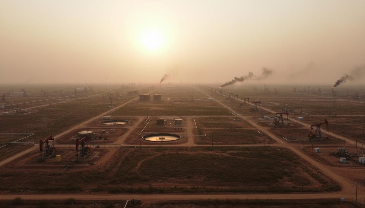 Нефтяные вышки и объекты инфраструктуры для добычи нефти в нефтеносном поясе Ориноко в Венесуэле на рассвете.