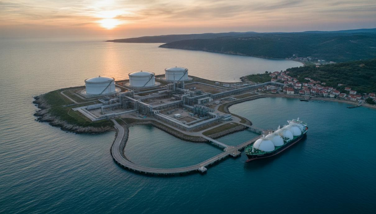 Крупный СПГ-терминал с резервуарами для хранения газа и трубопроводами на побережье Адриатического моря в Албании.