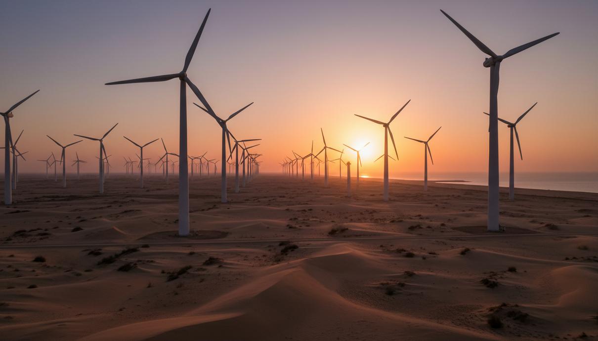 Infinity Power и HAU Energy построят в Египте ветропарк мощностью 1 ГВт Ветряные турбины в пустыне на побережье Красного моря в Египте. Ветроэлектростанция в районе Суэцкого залива на закате.