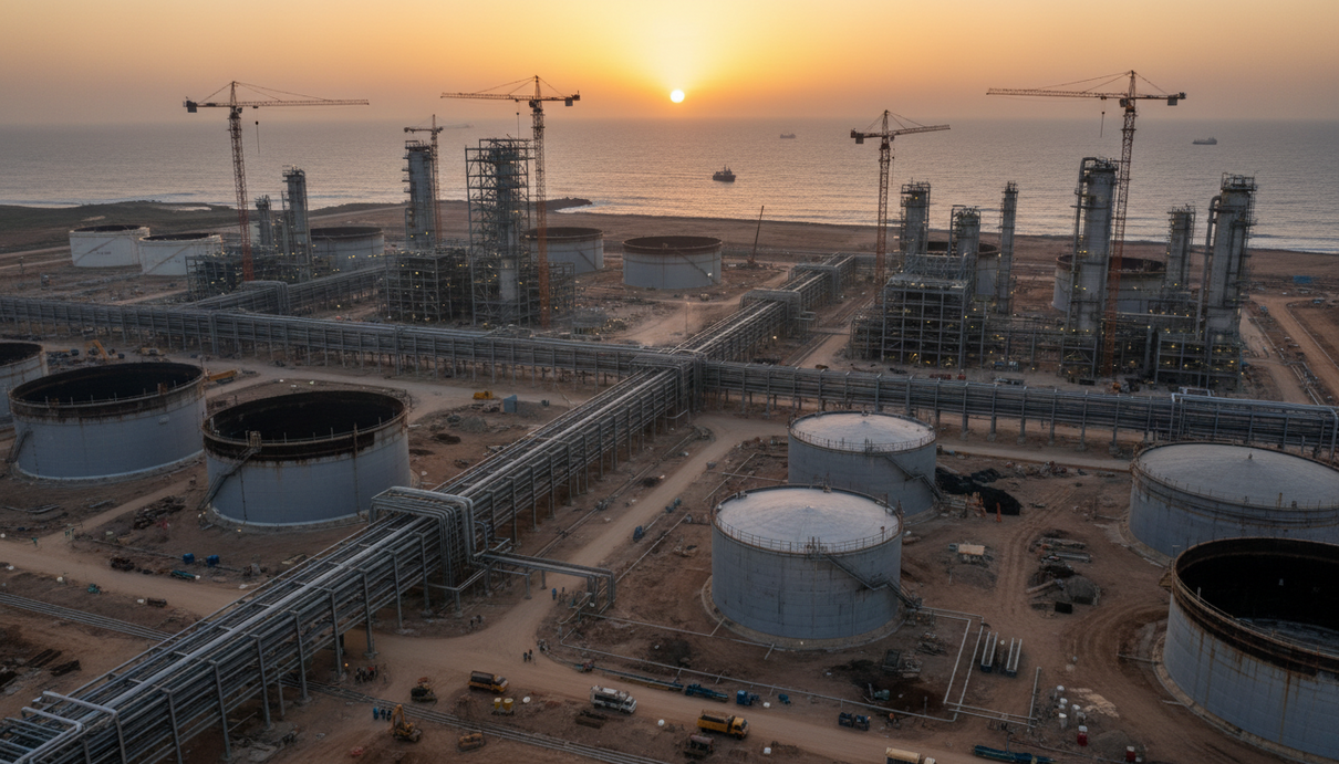 Dangote строит в Кении нефтеперерабатывающий завод за $16 млрд Строительная площадка нового нефтеперерабатывающего завода на побережье, вид с воздуха. Промышленный комплекс с трубами и резервуарами.