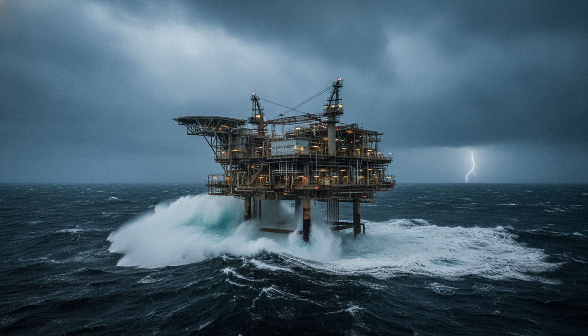 Морская газодобывающая платформа в Северном море в пасмурную погоду. Вокруг неспокойное море с волнами.