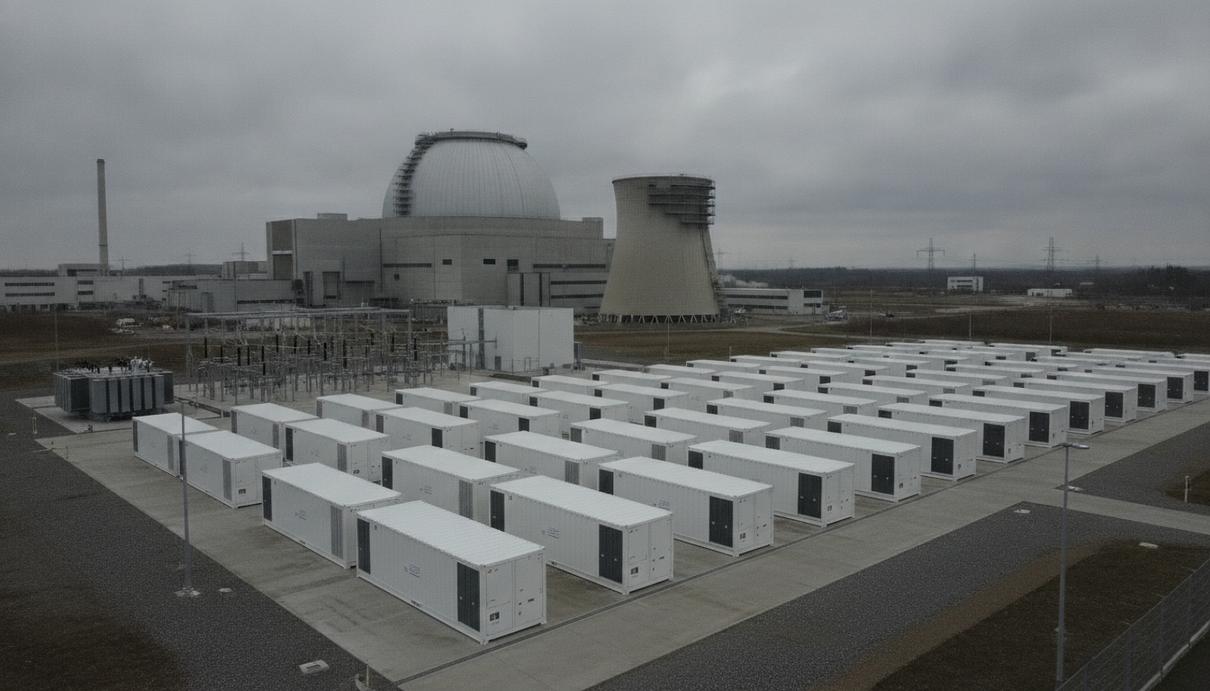 Fluence Energy построит для Vattenfall СНЭ на 1 ГВт·ч в Германии Ряды контейнеров системы накопления энергии на промышленной площадке на фоне выводимой из эксплуатации атомной электростанции.