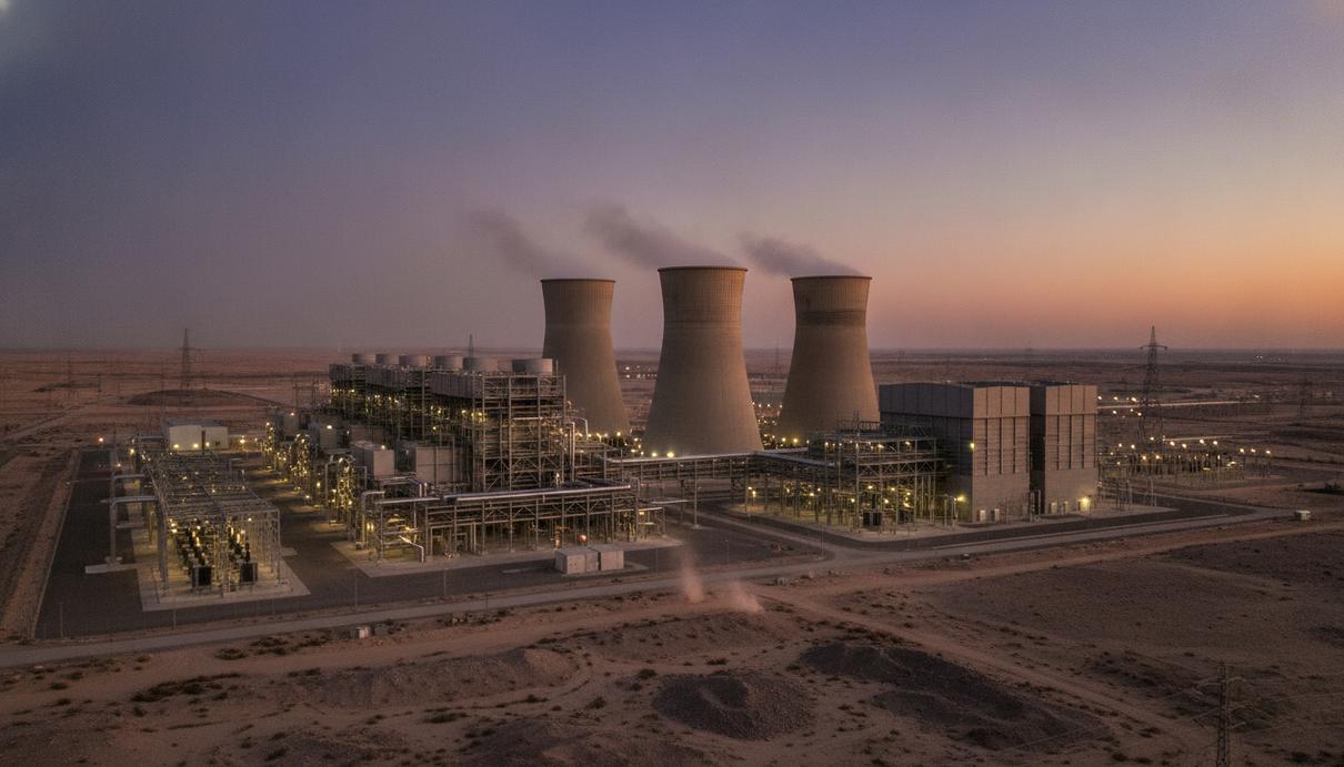 ACWA Power привлекла $2,6 млрд на расширение ТЭС «Рабиг-2» в Саудовской Аравии Современная парогазовая электростанция в пустыне Саудовской Аравии на закате. Видны промышленные корпуса, трубы и градирни.