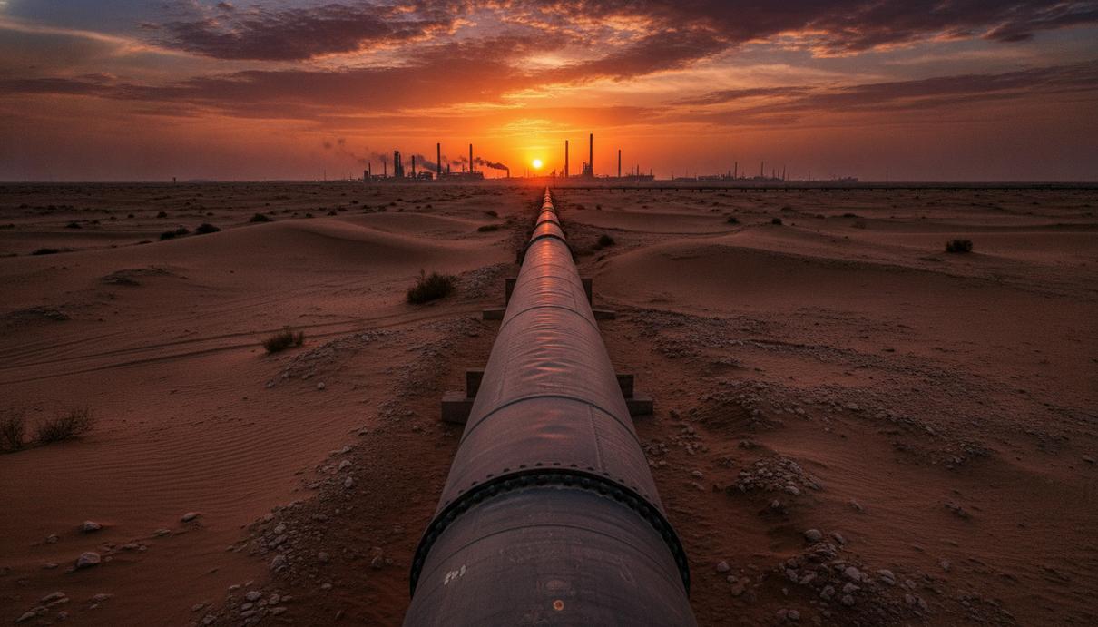 Саудовская Аравия восстановила прокачку по ключевому нефтепроводу Нефтепровод в пустыне Саудовской Аравии на закате, на горизонте видны промышленные объекты.