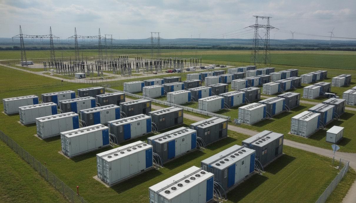 Ряды контейнеров промышленной системы накопления энергии на фоне высоковольтной подстанции и ЛЭП в сельской местности.