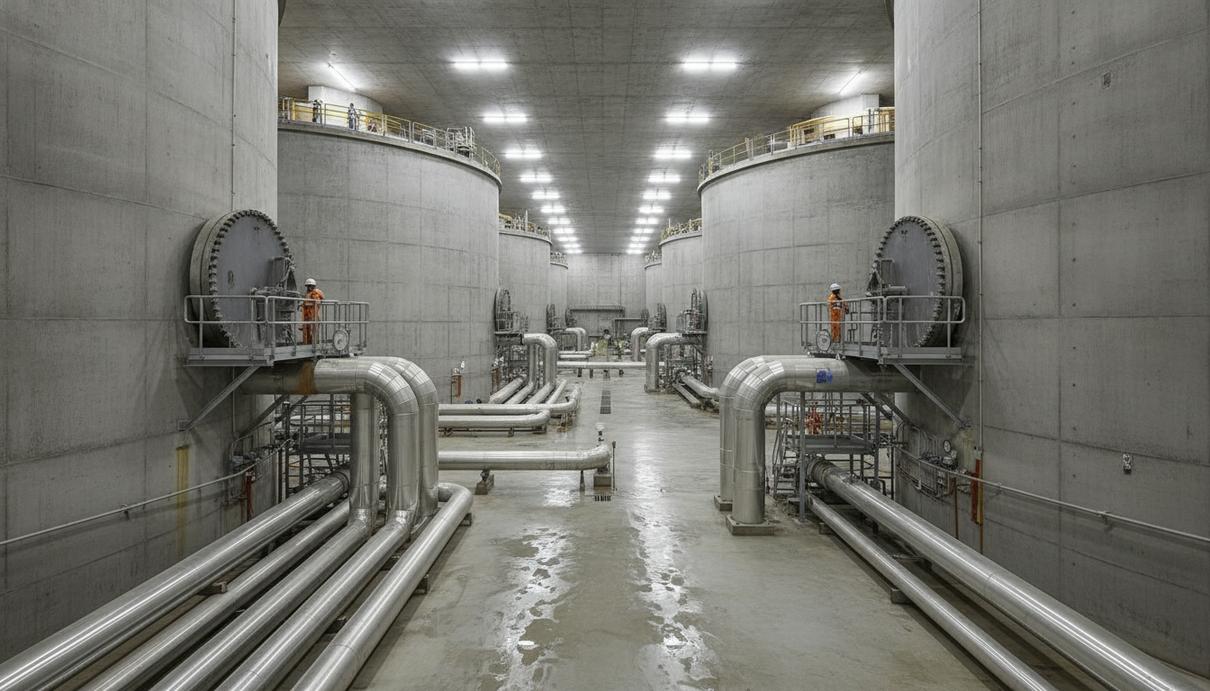 Подземное нефтехранилище Jurong Rock Caverns в Сингапуре с промышленными трубопроводами и резервуарами для сырой нефти.