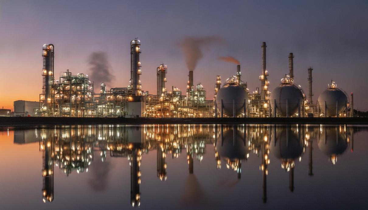 ConocoPhillips диверсифицирует поставки СПГ на фоне проблем в Катаре Современный завод по сжижению природного газа (СПГ) с резервуарами и трубопроводами в вечернем освещении.