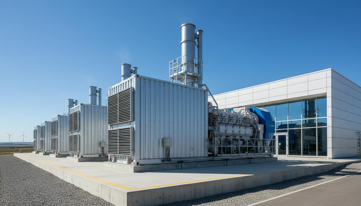 Ряд контейнерных газопоршневых электростанций на площадке рядом со зданием современного центра обработки данных.