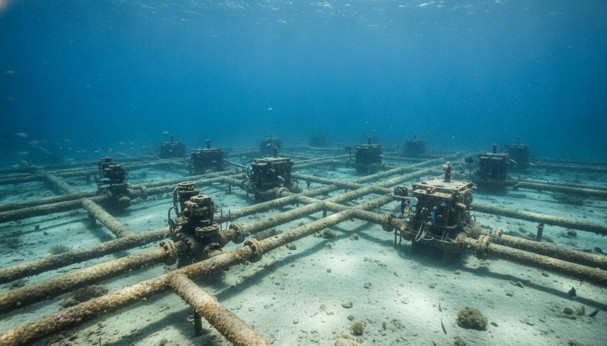 Подводная инфраструктура добычи газа на дне Средиземного моря. Трубопроводы и устья скважин на песчаном морском дне в чистой воде.