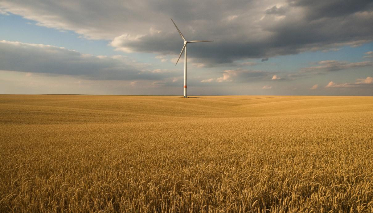 Конкурс на ветровые проекты на Украине привлек заявки на 1,2 ГВт Современная ветряная турбина в широком украинском пшеничном поле под облачным небом.