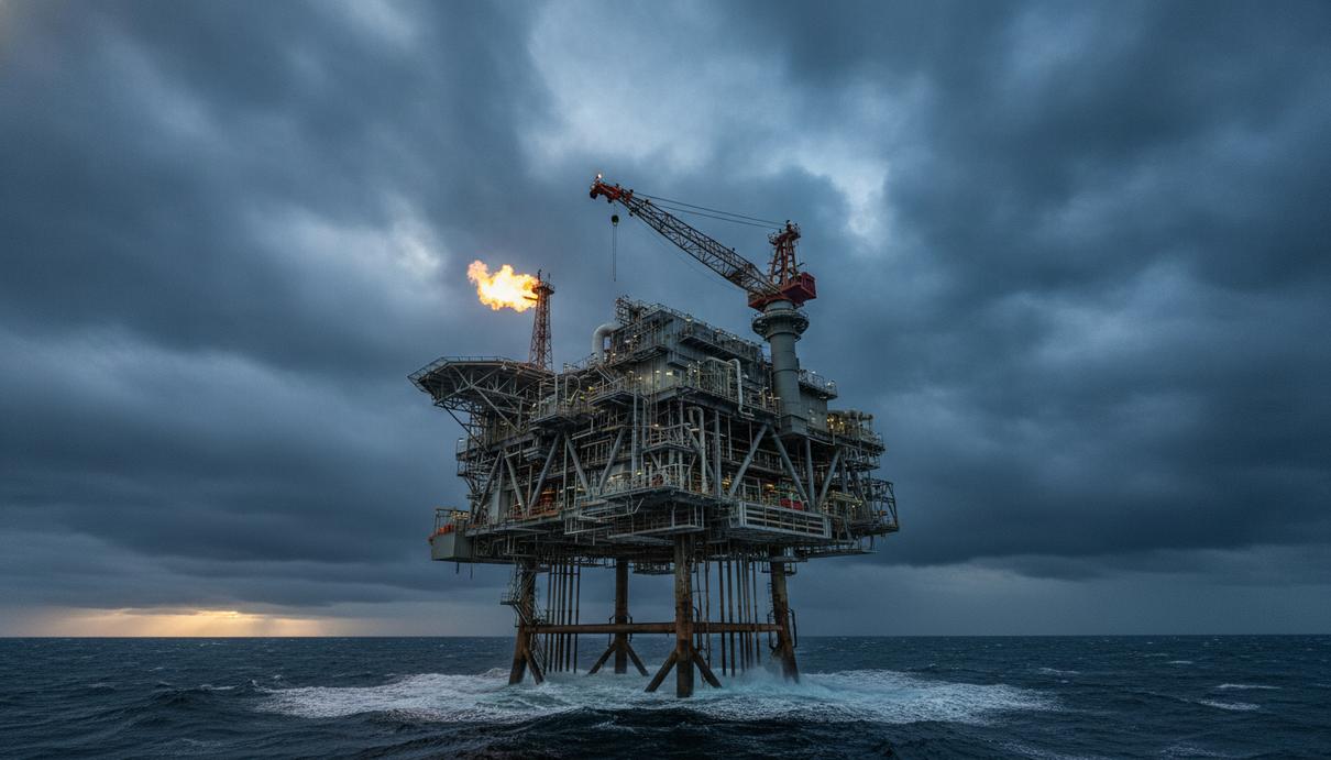 Морская газодобывающая платформа на норвежском континентальном шельфе в Северном море при пасмурной погоде.