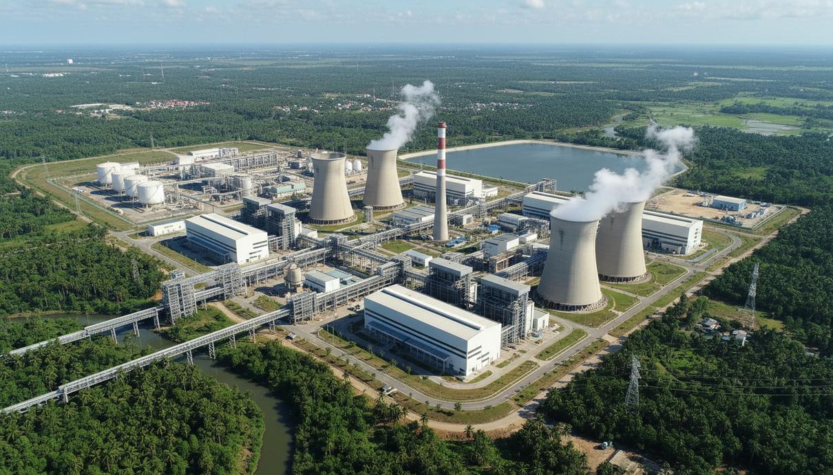 Панорамный вид на современную парогазовую электростанцию с турбинными цехами и градирнями в промышленной зоне Вьетнама.