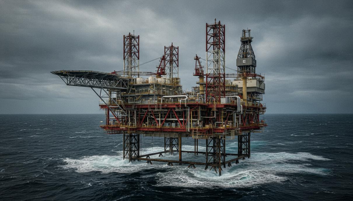 Морская газодобывающая платформа на месторождении в Северном море в штормовую погоду. Вид на технологические конструкции и буровую вышку.