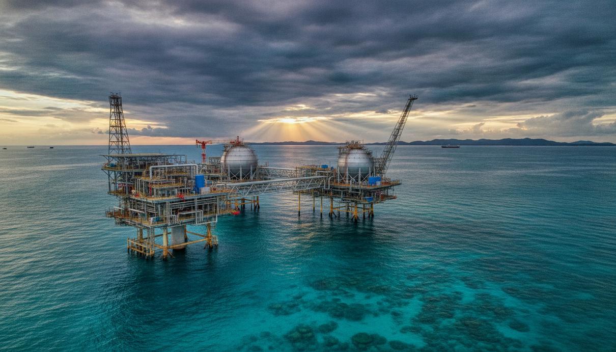 Морская платформа для улавливания и хранения углекислого газа с трубопроводами и резервуарами в море у побережья Малайзии.