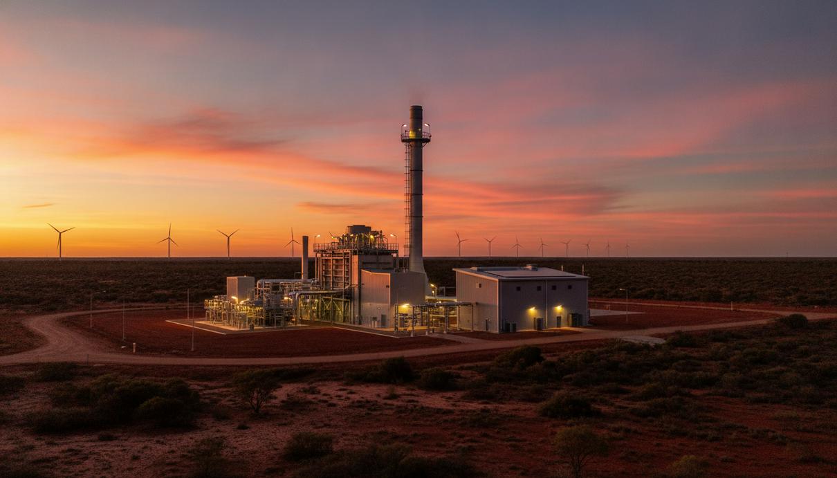 Современная газовая электростанция на фоне заката в австралийской равнине, на горизонте видны силуэты ветряных турбин.